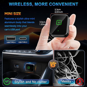 The wireless CarPlay adapter is shown in a hand, highlighting its compact, stylish design and dimensions. A comparison is made between a neat setup in a car's USB port and a cluttered array of wires, emphasizing the adapter's minimalistic appeal.