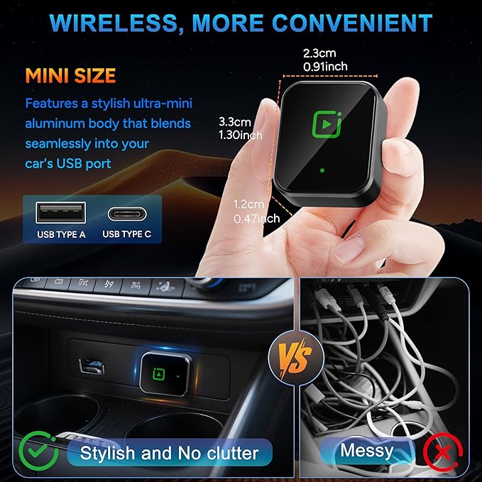 The wireless CarPlay adapter is shown in a hand, highlighting its compact, stylish design and dimensions. A comparison is made between a neat setup in a car's USB port and a cluttered array of wires, emphasizing the adapter's minimalistic appeal.