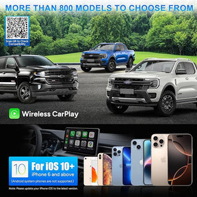 A lineup of three trucks on a paved area with a lush green background, featuring a wireless CarPlay icon highlighted. Below, a view of an iPhone displaying the CarPlay interface next to various iPhone models, indicating compatibility with iOS 10 and above.