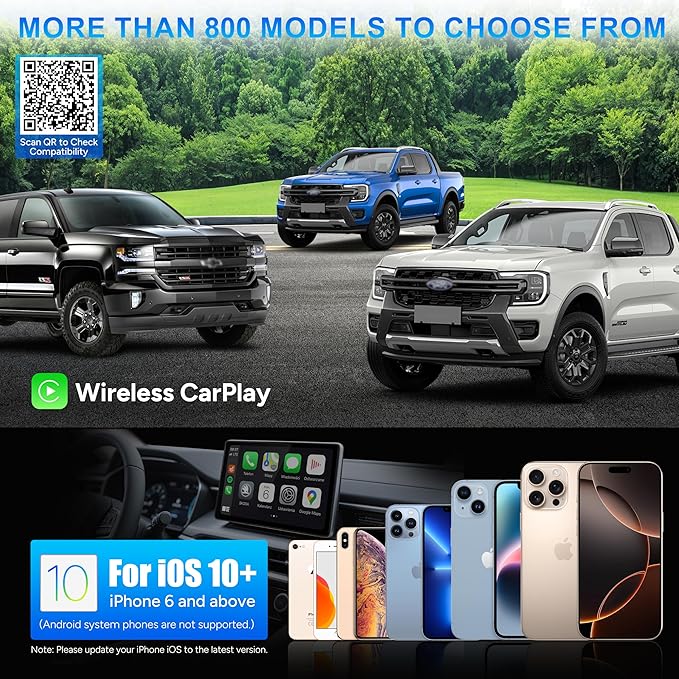 A lineup of three trucks on a paved area with a lush green background, featuring a wireless CarPlay icon highlighted. Below, a view of an iPhone displaying the CarPlay interface next to various iPhone models, indicating compatibility with iOS 10 and above.
