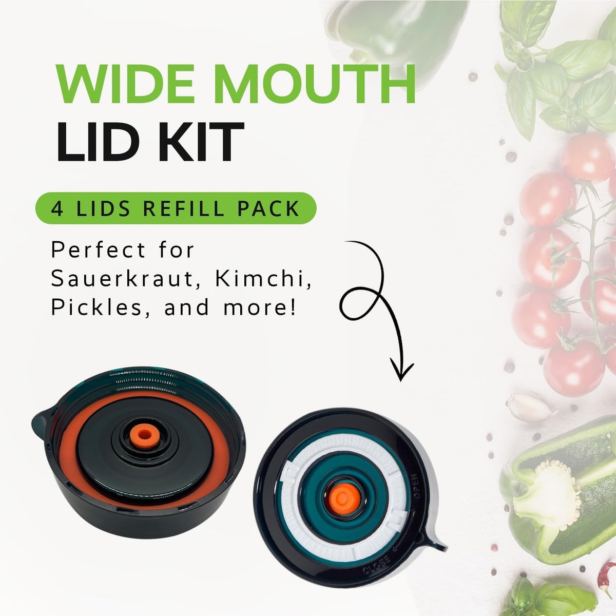 Four Easy Fermenter Wide Mouth lids displayed side by side, featuring a black base, an orange center, and a white ring around one lid. The background includes various fresh vegetables, enhancing the theme of fermentation.