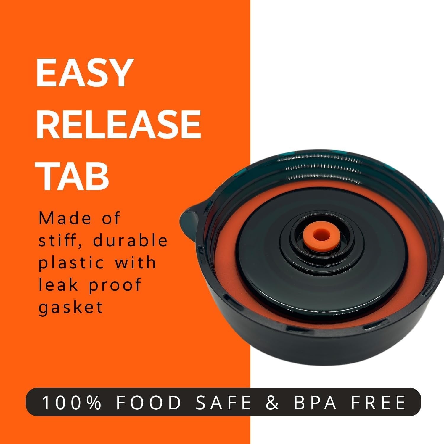 Close-up of the Easy Release Tab from the fermentation lid, showcasing its sturdy black plastic structure and bright orange gasket, which ensures a leak-proof seal. Text highlights that the product is 100% food safe and BPA free.