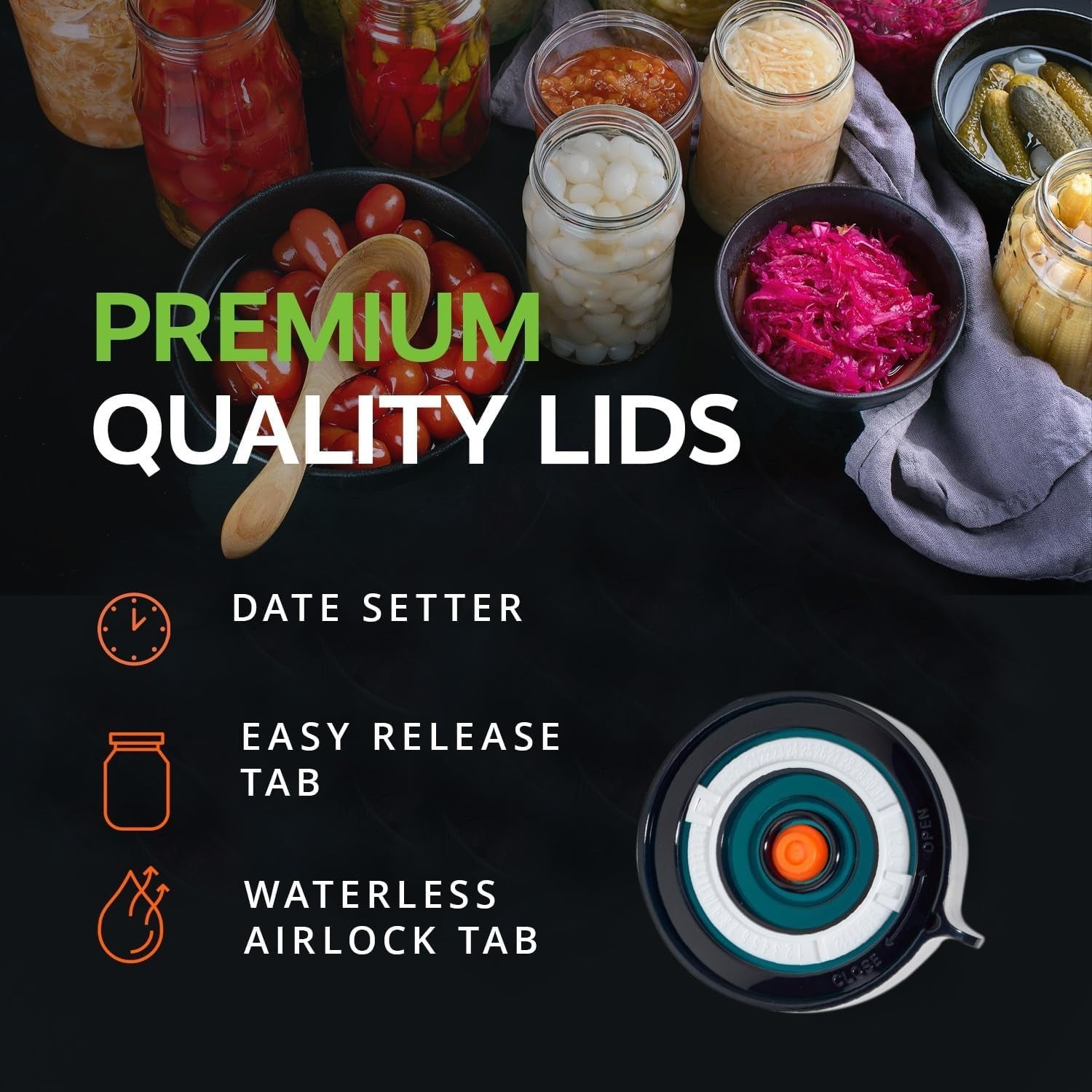 The image showcases a close-up of an Easy Fermenter lid featuring a central orange tab and labeled sections for a date setter, easy release, and a waterless airlock tab. In the background, a variety of jars filled with colorful fermented foods are arranged on a dark surface.