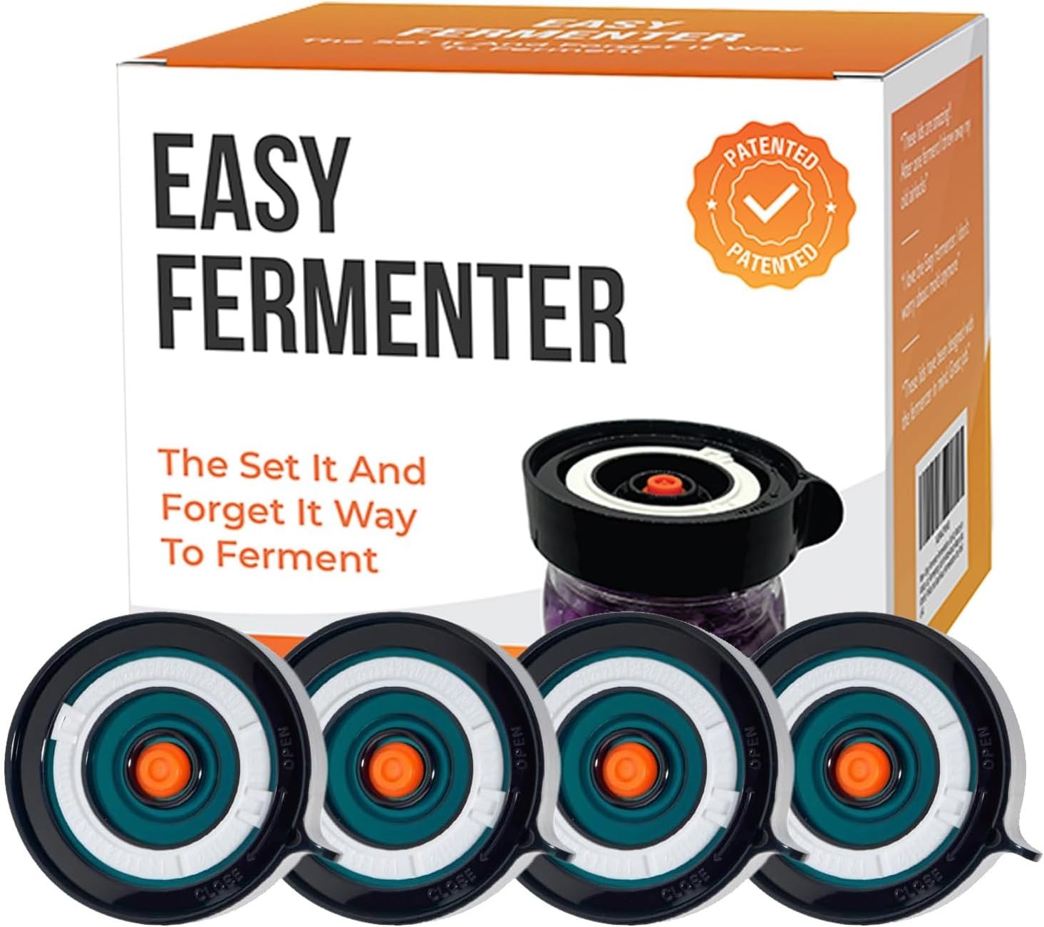 Four Easy Fermenter wide mouth lids are displayed in the foreground, each featuring a dark outer ring with a central orange dot and white detailing, while a box with an orange and white design is visible in the background, showcasing the brand name and product details.