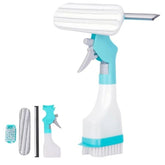 The window cleaning kit features a spray bottle with a blue trigger handle, a detachable squeegee, and a microfiber cleaning head, all arranged neatly to showcase the versatile tools for cleaning windows.