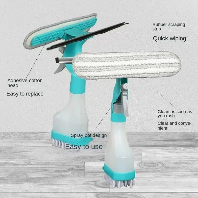The window cleaning kit features a turquoise handle with a detachable squeegee and an adhesive cotton head, along with a spray bottle design at the base for convenience. Highlights include a rubber scraping strip for quick wiping and a textured microfiber head for effective cleaning.