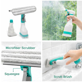 The image displays the components of the 4-in-1 Window Cleaning Kit, including a spray bottle, a microfiber scrubber, and a squeegee, all featuring a white and teal color scheme. The spray bottle is being used to apply cleaner to a window, highlighting the kit's multifunctionality.