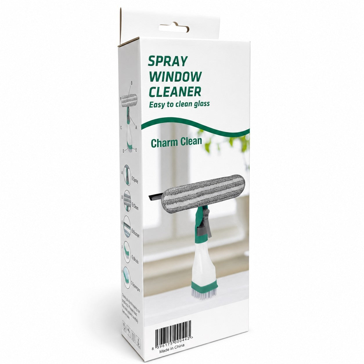 The product packaging features a window cleaner with a gray microfiber head and a spray bottle. The design includes the text "Spray Window Cleaner Easy to clean glass" and the brand name "Charm Clean."