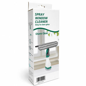 The product packaging features a window cleaner with a gray microfiber head and a spray bottle. The design includes the text "Spray Window Cleaner Easy to clean glass" and the brand name "Charm Clean."