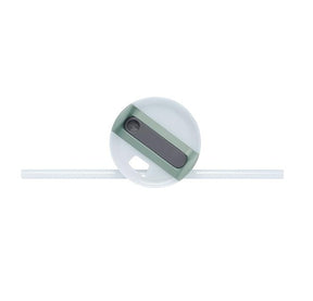 Top view of the lid for the insulated stainless steel travel mug, featuring a green slider mechanism and a clear straw extending from the side. The lid has a circular shape with a cutout, allowing for easy sipping.
