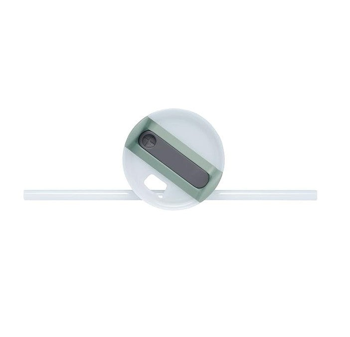 Top view of the lid for the insulated stainless steel travel mug, featuring a green slider mechanism and a clear straw extending from the side. The lid has a circular shape with a cutout, allowing for easy sipping.