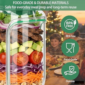 Colorful layers of salad ingredients inside a clear glass mason jar, featuring chopped tomatoes, lettuce, carrots, cucumbers, and grilled meat. The background shows a festive dining setting, suggesting a cozy meal prep experience.