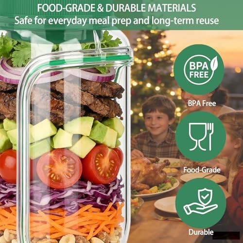 Colorful layers of salad ingredients inside a clear glass mason jar, featuring chopped tomatoes, lettuce, carrots, cucumbers, and grilled meat. The background shows a festive dining setting, suggesting a cozy meal prep experience.