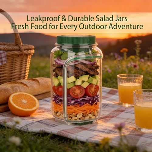 A filled 34 oz side-opening salad mason jar showcases a colorful layered salad with ingredients like lettuce, tomatoes, cucumbers, and carrots, placed on a picnic blanket in an outdoor setting. Nearby, there are glasses of orange juice and a picnic basket, emphasizing a relaxed meal prep experience.