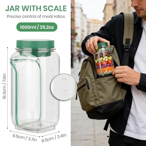The clear salad mason jar features a green lid and has measurement markings along the side for precise portion control. A person is placing the jar, filled with colorful salad ingredients, into a backpack while standing outdoors.