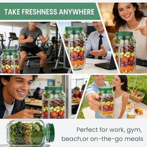 Various individuals using the Salad Mason Jar in different settings, showcasing its versatility for meal prep. The jar is filled with vibrant salads and features a green lid, highlighting its suitability for work, gym, beach, or on-the-go meals.
