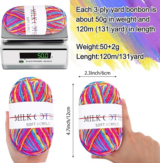 A colorful skein of soft acrylic yarn is shown being held in a hand, displaying its dimensions of approximately 4.7 inches in height and 2.3 inches in width. An electronic scale next to the yarn shows a weight of 50 grams, with additional text providing details on length and material.