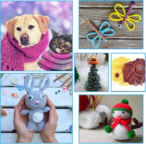 A playful assortment of crocheted items showcases a gray bunny, a green Christmas tree with an orange hat, and a snowman wearing a red scarf and hat, all set against a white background with various craft supplies. Brightly colored yarn skeins and craft materials are also visible, emphasizing a fun, creative atmosphere.