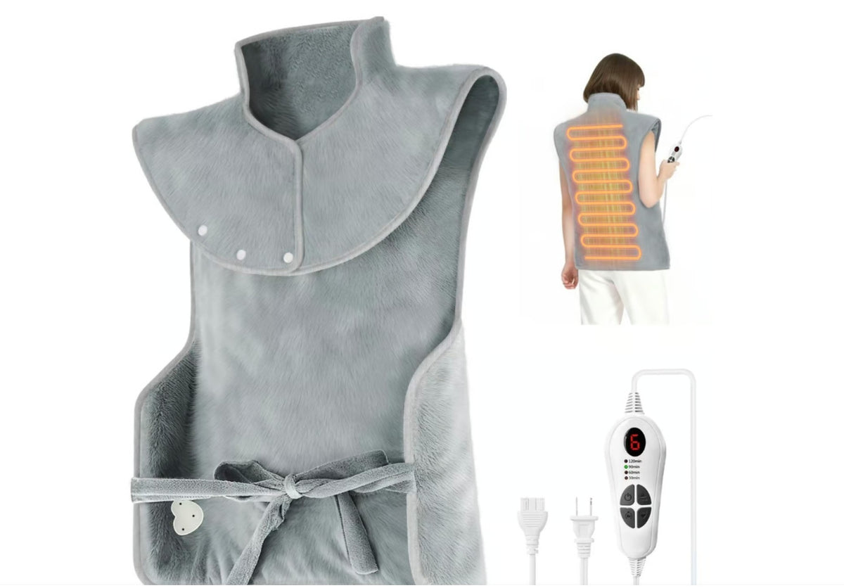 Soft gray heated neck and shoulder wrap featuring a collar design and tie closure, with visible heating elements and a control unit shown next to a person wearing it.