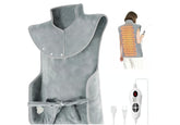 Soft gray heated neck and shoulder wrap featuring a collar design and tie closure, with visible heating elements and a control unit shown next to a person wearing it.