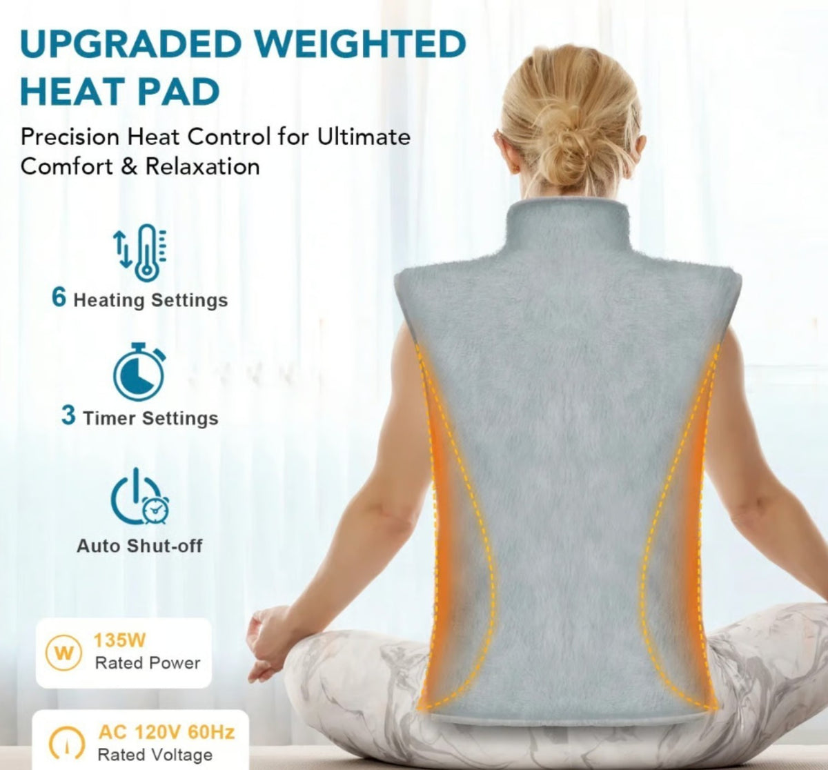 The heating wrap features a soft gray fabric with a high collar and ergonomic design, designed to fit comfortably around the neck and shoulders. Visible icons indicate settings for heating, timing, and safety features such as auto shut-off.