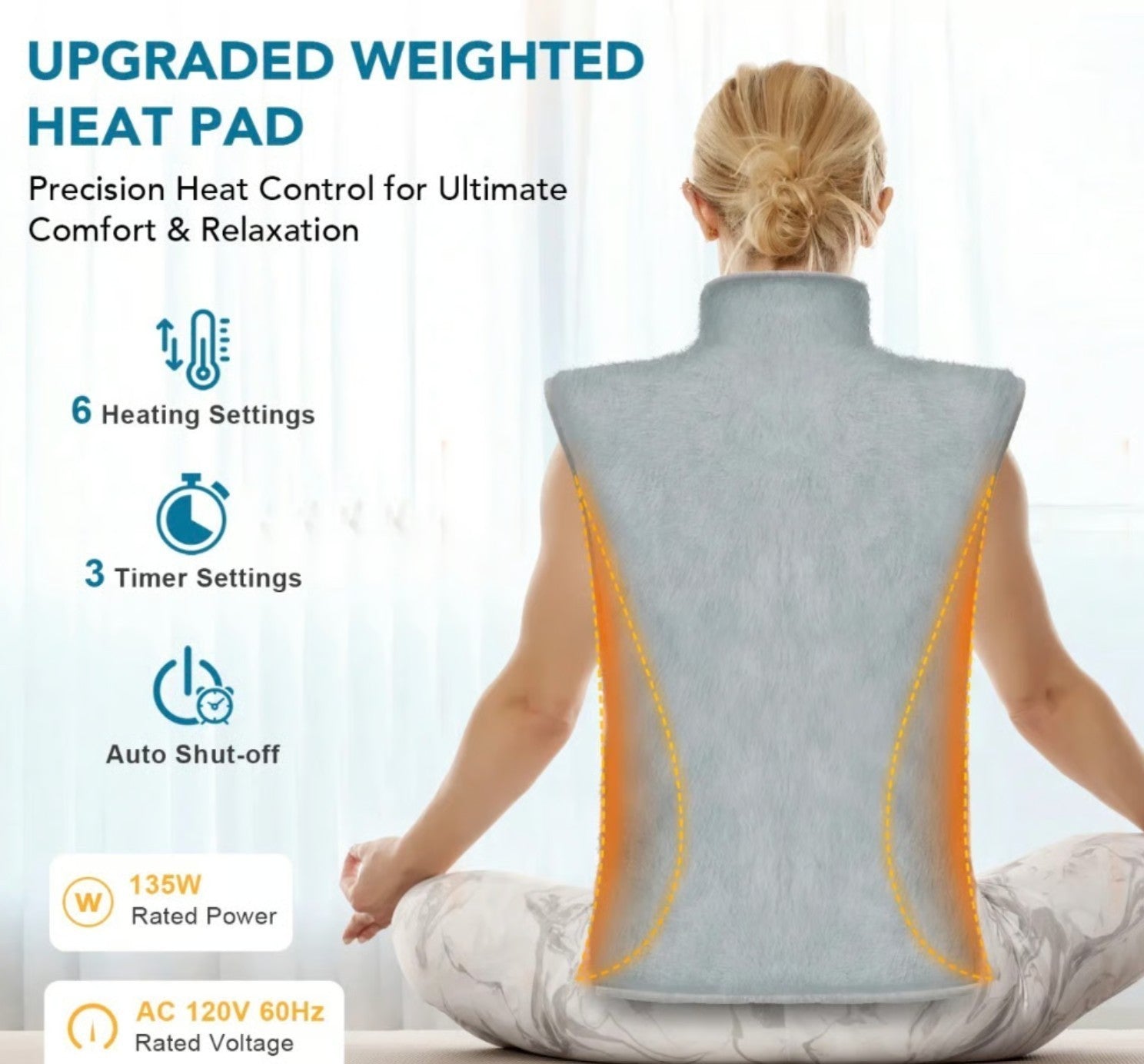 The gray heated neck and shoulder wrap features a high collar and a soft, textured surface, with highlighted seams emphasizing its ergonomic design. Infographic elements indicate its six heating settings, three timer options, and auto shut-off function.