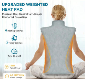 The gray heated neck and shoulder wrap features a high collar and a soft, textured surface, with highlighted seams emphasizing its ergonomic design. Infographic elements indicate its six heating settings, three timer options, and auto shut-off function.