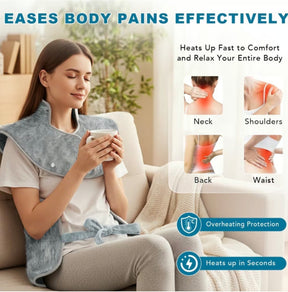 A woman sits comfortably on a couch, wearing a gray heated neck and shoulder wrap while holding a cup, conveying relaxation. The image includes text highlighting the wrap's benefits, such as pain relief and overheating protection.