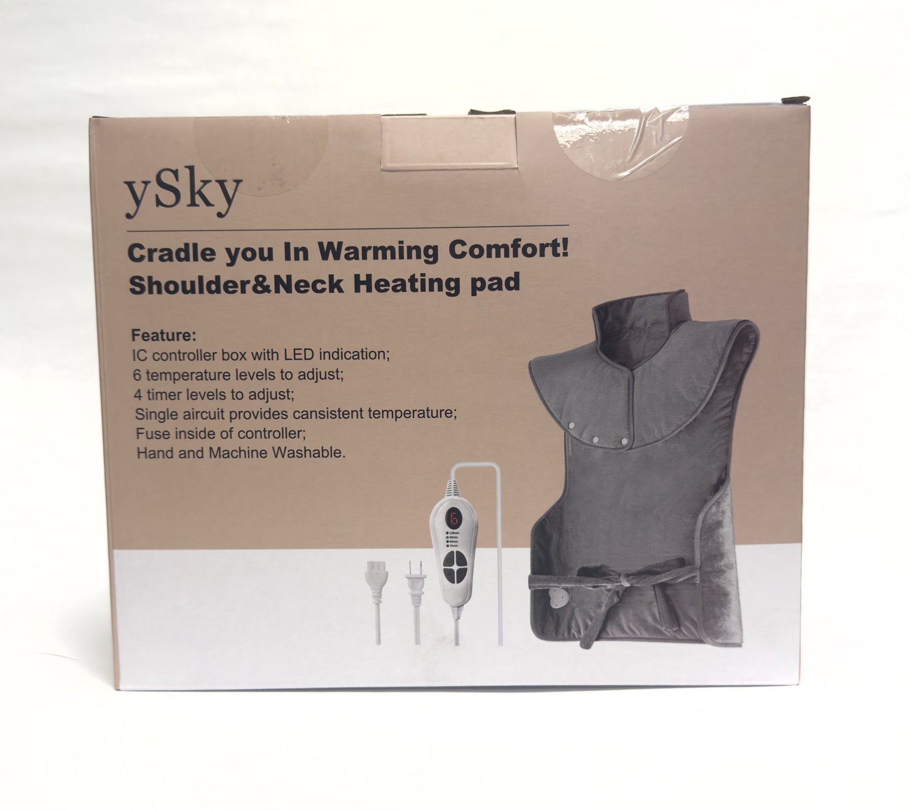 The packaging shows the YSKY Heated Neck and Shoulder Wrap in a soft gray fabric with a rounded collar and fastening strap. The front features an IC controller box with LED indication and buttons for adjusting temperature and timer settings.