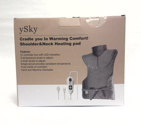 The packaging shows the YSKY Heated Neck and Shoulder Wrap in a soft gray fabric with a rounded collar and fastening strap. The front features an IC controller box with LED indication and buttons for adjusting temperature and timer settings.