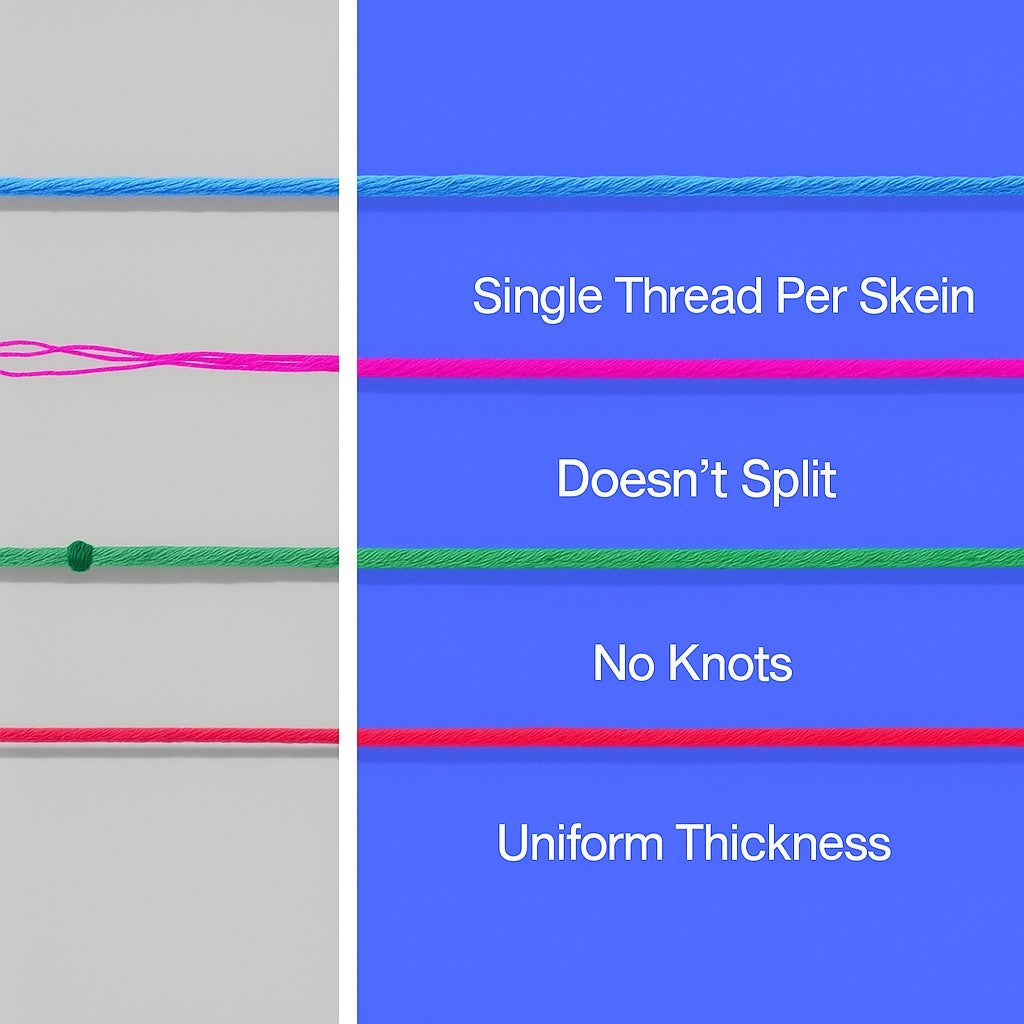 Illustration showing various features of the sport weight acrylic yarn, including a side-by-side comparison highlighting characteristics like single thread per skein, non-splitting quality, lack of knots, and uniform thickness, all presented against contrasting backgrounds.