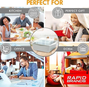 Collage featuring various settings for the Rapid Microwave Brownie Maker, including people enjoying meals in a kitchen, celebrating with gifts, working in an office, and relaxing in a dorm. The central focus highlights the brownie maker's design in a light gray color.