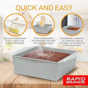 Gray microwave-safe brownie pan filled with brownie batter, steam rising from the surface, set on a wooden countertop. Instructions for use are illustrated with icons, emphasizing a quick and easy baking process.