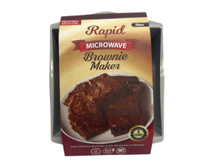 The Rapid Microwave Brownie Maker features a sleek gray tray with a vibrant packaging design showcasing fudgy brownies. The front displays the brand name "Rapid" and emphasizes that it allows brownies to be made in minutes.