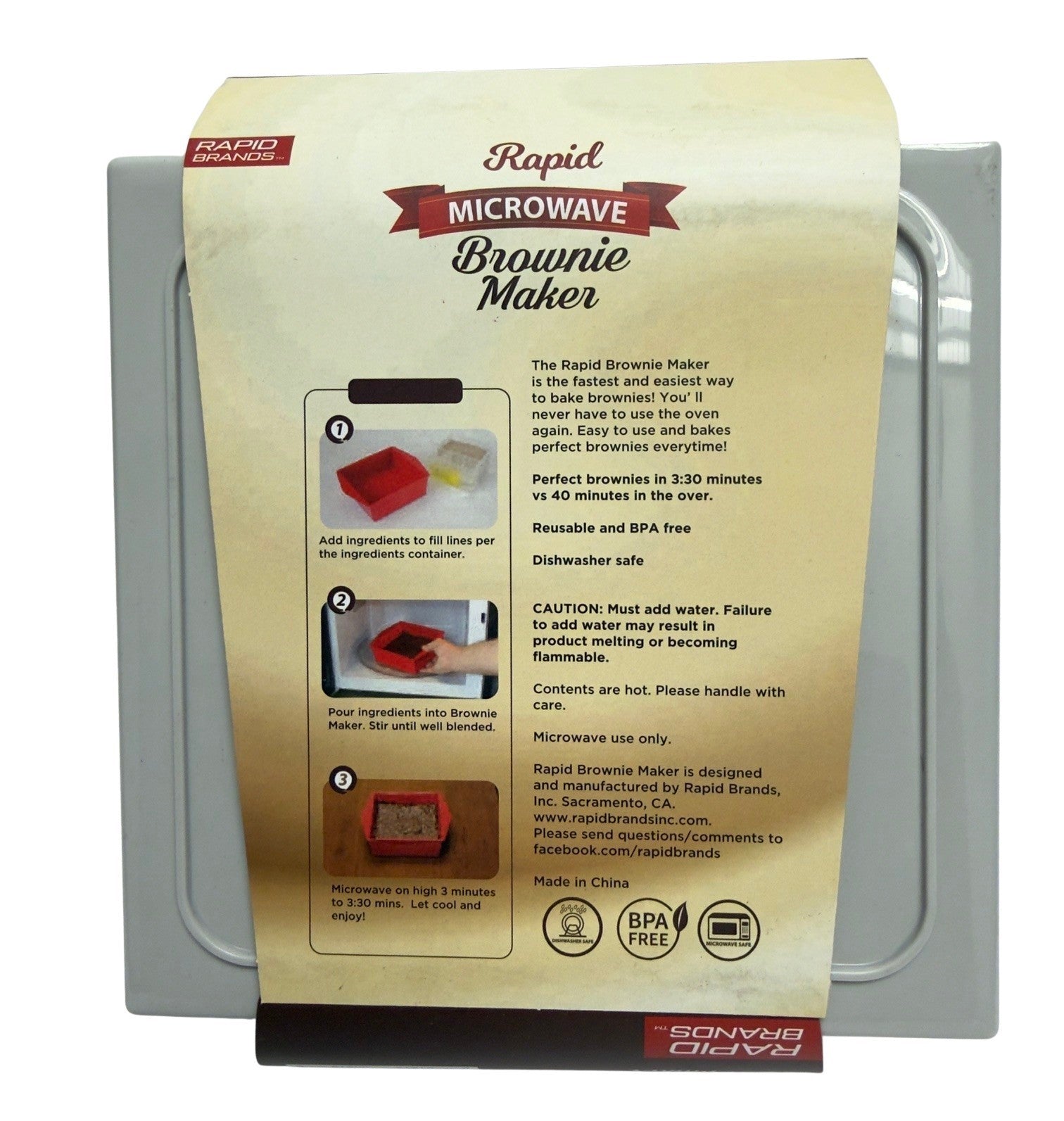 The Rapid Microwave Brownie Maker features a large, detailed instruction label including steps for use, safety cautions, and care information, set against a silver background. The top section displays the brand name and product title with a red banner.