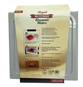 The Rapid Microwave Brownie Maker features a large, detailed instruction label including steps for use, safety cautions, and care information, set against a silver background. The top section displays the brand name and product title with a red banner.