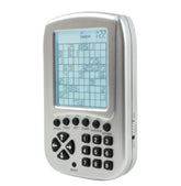 Electronic Sudoku game in a silver casing features a large screen displaying a sudoku grid with various numbers. Controls include a keypad with numbered buttons and function keys for settings.