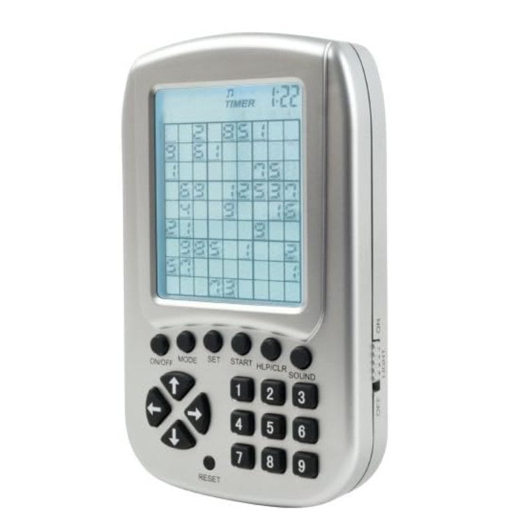 Electronic Sudoku game in a silver casing features a large screen displaying a sudoku grid with various numbers. Controls include a keypad with numbered buttons and function keys for settings.