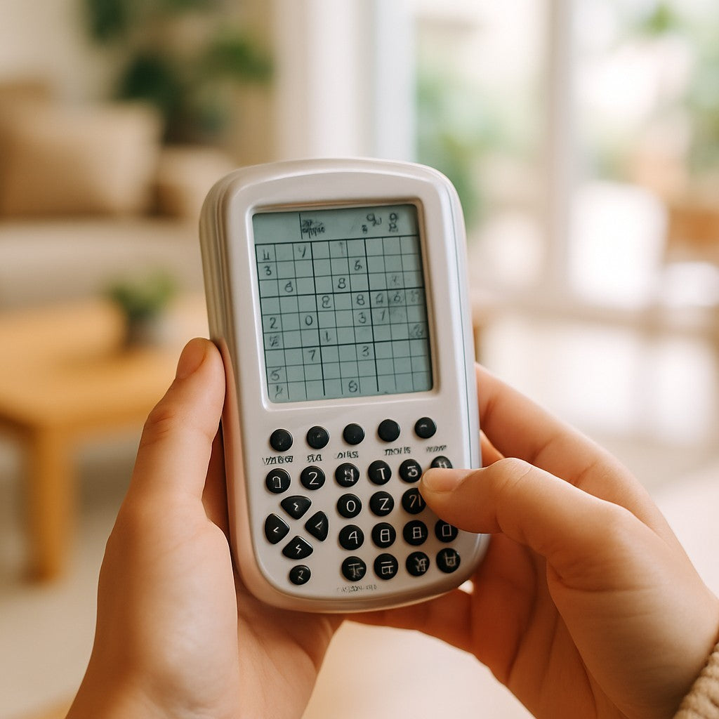 A person holding a white electronic device displaying a Sudoku grid on its screen, with fingers poised over the buttons for input. The background features a softly lit living space with a wooden table and greenery.