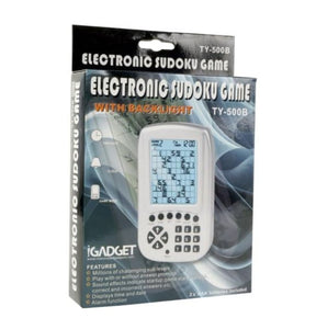 The electronic Sudoku game features a white device with a large LCD screen displaying a Sudoku grid and controls below, set against a black packaging background that includes orange and silver text highlighting the product name and features. The packaging also mentions the backlight functionality and other features.