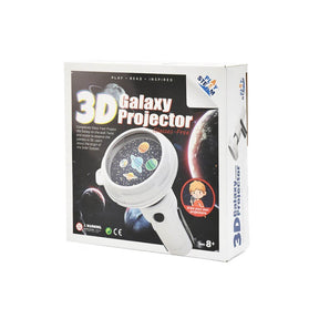 The 3D Galaxy Projector features a round lens displaying colorful planets against a starry background, mounted on a white handle. The product box highlights its educational use for observing the Solar System.