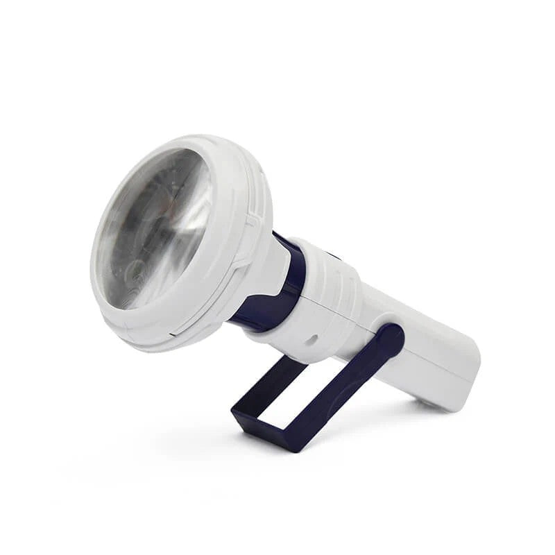 The hand-held 3D Galaxy Projector is designed in white and dark blue, featuring a round lens for projecting images, with a foldable stand for stability. Its compact design allows for easy handling and portability.