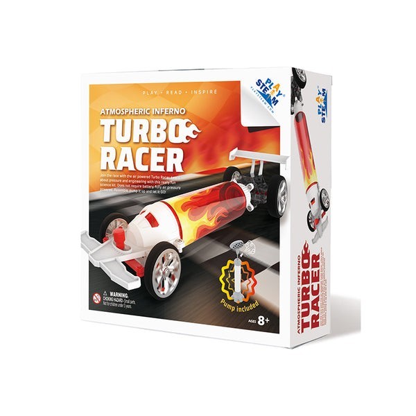 The box packaging for the Atmospheric Inferno Turbo Racer features a bright orange background with flames graphic, showcasing a toy race car with a clear body and red accents, along with a pump. The front design includes the product name prominently displayed in bold white and red letters, and a warning label at the bottom.