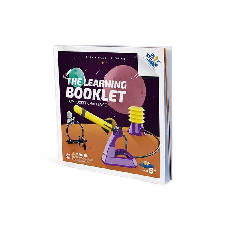 Front cover of "The Learning Booklet" for the Air Rocket Challenge, featuring vibrant colors and graphics of a rocket, planets, and a launching mechanism, along with the title prominently displayed in white font.