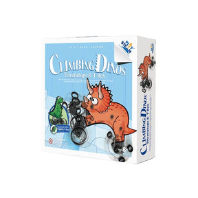Brightly colored box featuring a playful illustration of a climbing Triceratops in orange and a hopping T-Rex in green, both with cartoonish expressions. The background is light blue with the text "Climbing Dinos Triceratops & T-Rex" prominently displayed on the front.