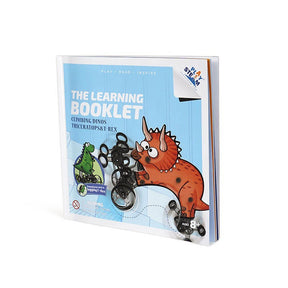 The learning booklet features a colorful cover with illustrations of a climbing Triceratops in orange and a Hopping T-Rex in green. The title is prominently displayed in bold white text against a blue background, and the booklet includes a warning label indicating it's suitable for ages 8 and up.