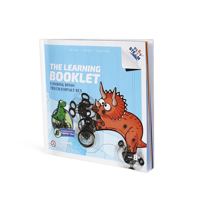 The learning booklet features a colorful cover with illustrations of a climbing Triceratops in orange and a Hopping T-Rex in green. The title is prominently displayed in bold white text against a blue background, and the booklet includes a warning label indicating it's suitable for ages 8 and up.