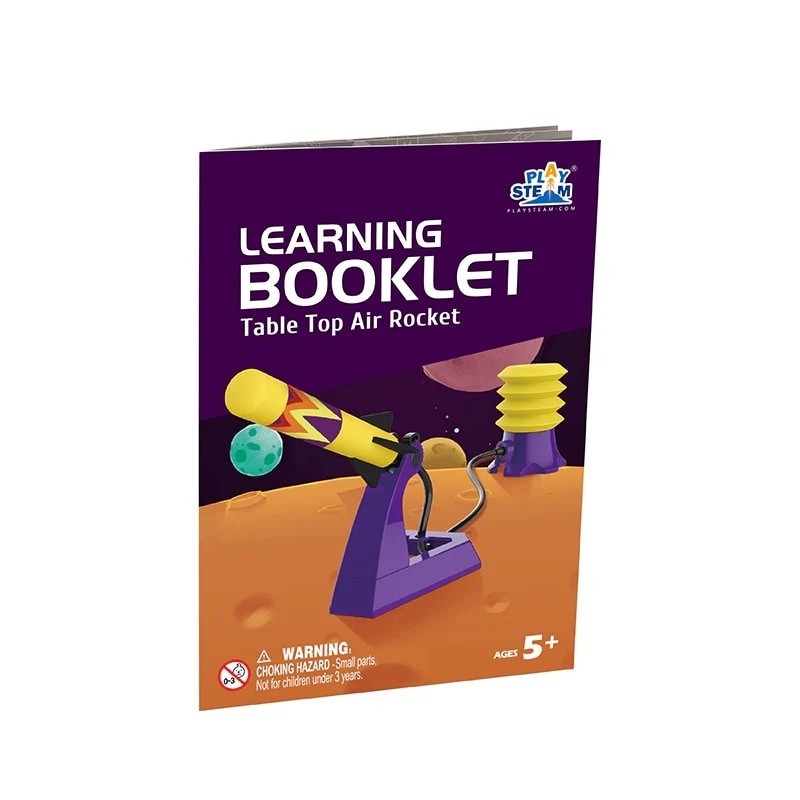 Colorful learning booklet titled "Learning Booklet: Table Top Air Rocket," featuring illustrations of the rocket launcher and accessories, with a purple background and warning label stating "Choking Hazard: Small parts. Not for children under 3 years."