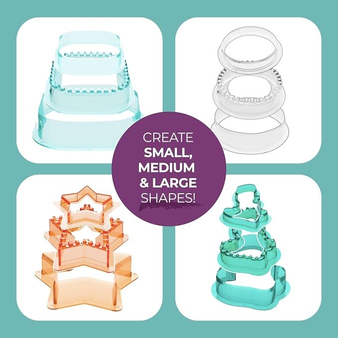 Four colorful sandwich cutter shapes are displayed: a stack of blue and white round cutters in the top right, an arrangement of orange star-shaped cutters in the bottom left, and a group of green cutters in the bottom right. A central circle highlights the text "CREATE SMALL, MEDIUM & LARGE SHAPES!" in bold white font.