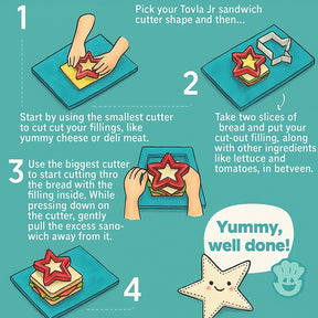 Illustration showing four steps to use the Tovla Jr. Sandwich Cutter and Sealer, including a hand cutting fillings with a star-shaped cutter, layering ingredients between slices of bread, and a completed sandwich with a star shape and a smiling star character.